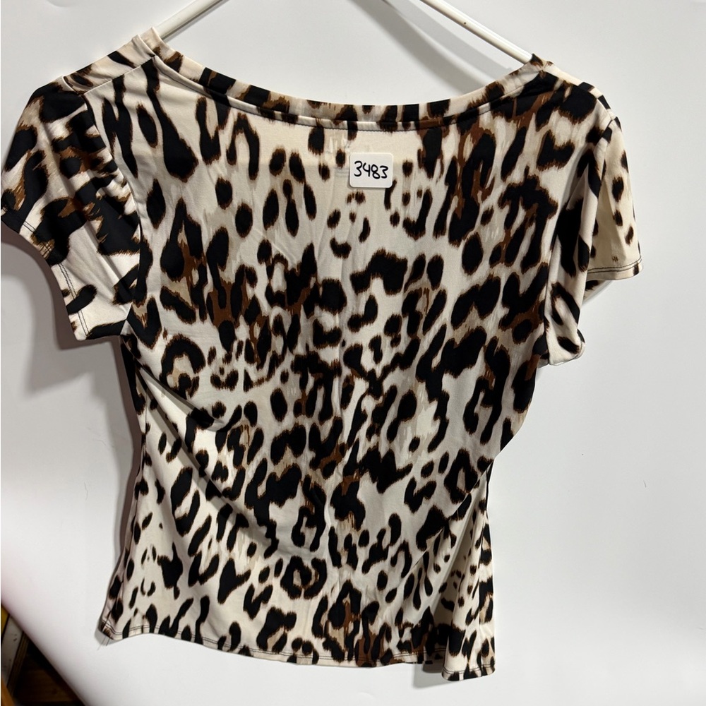 #3483-Worthington Leopard Print Short Sleeve Top - Cream, Black, Brown - Picture 3 of 3